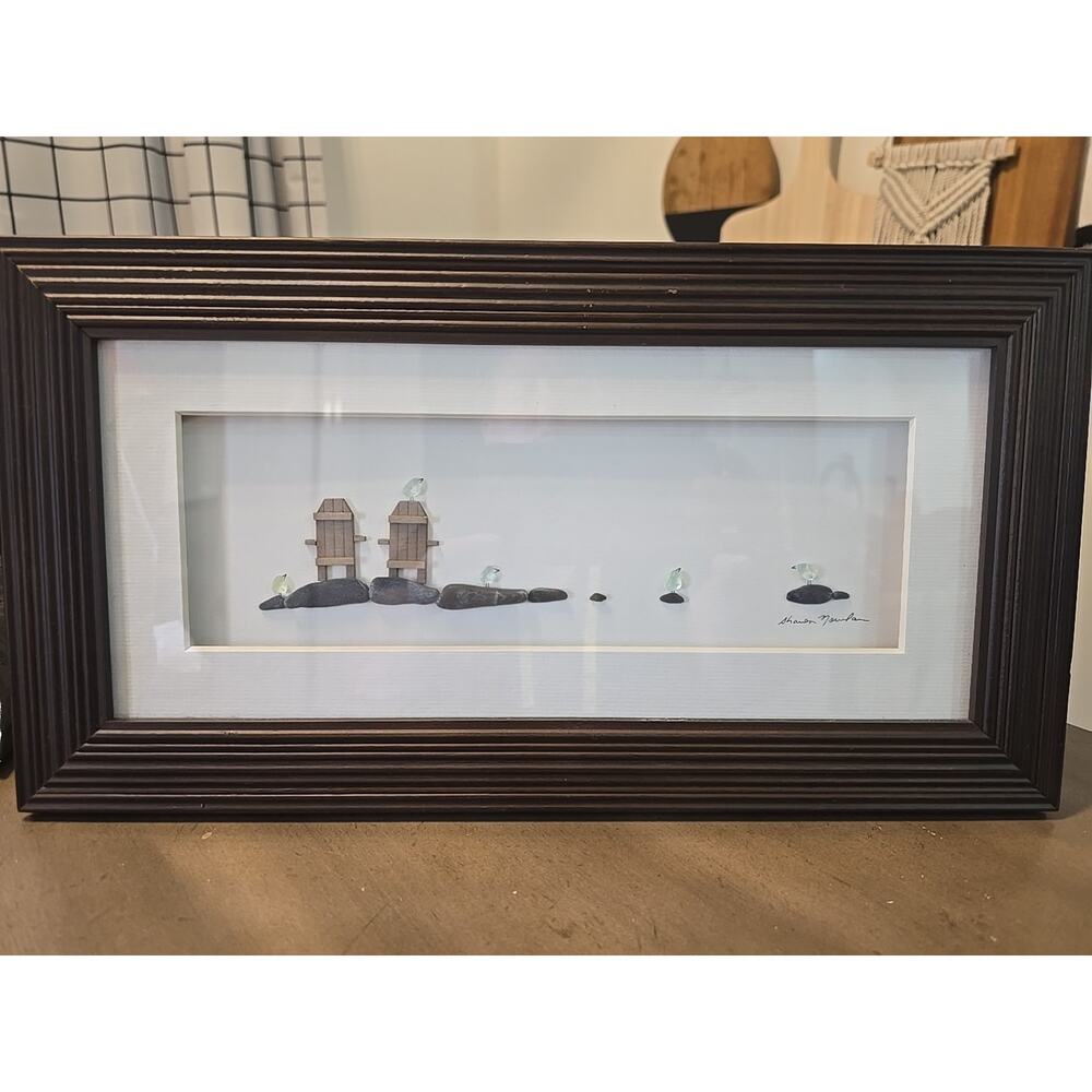 Framed Art" The Good Life" Signed Sharon Nowlan Sea Glass Birds Driftwood Beach